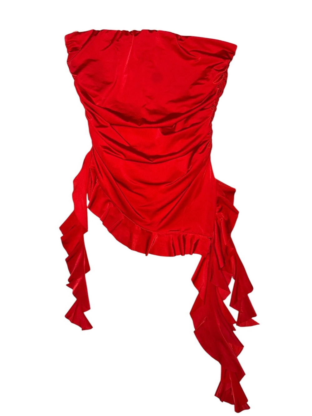 Y2K Strapless Red Ruffle Top Ruched Asymmetrical Ruffle Trim Detail Tube Top